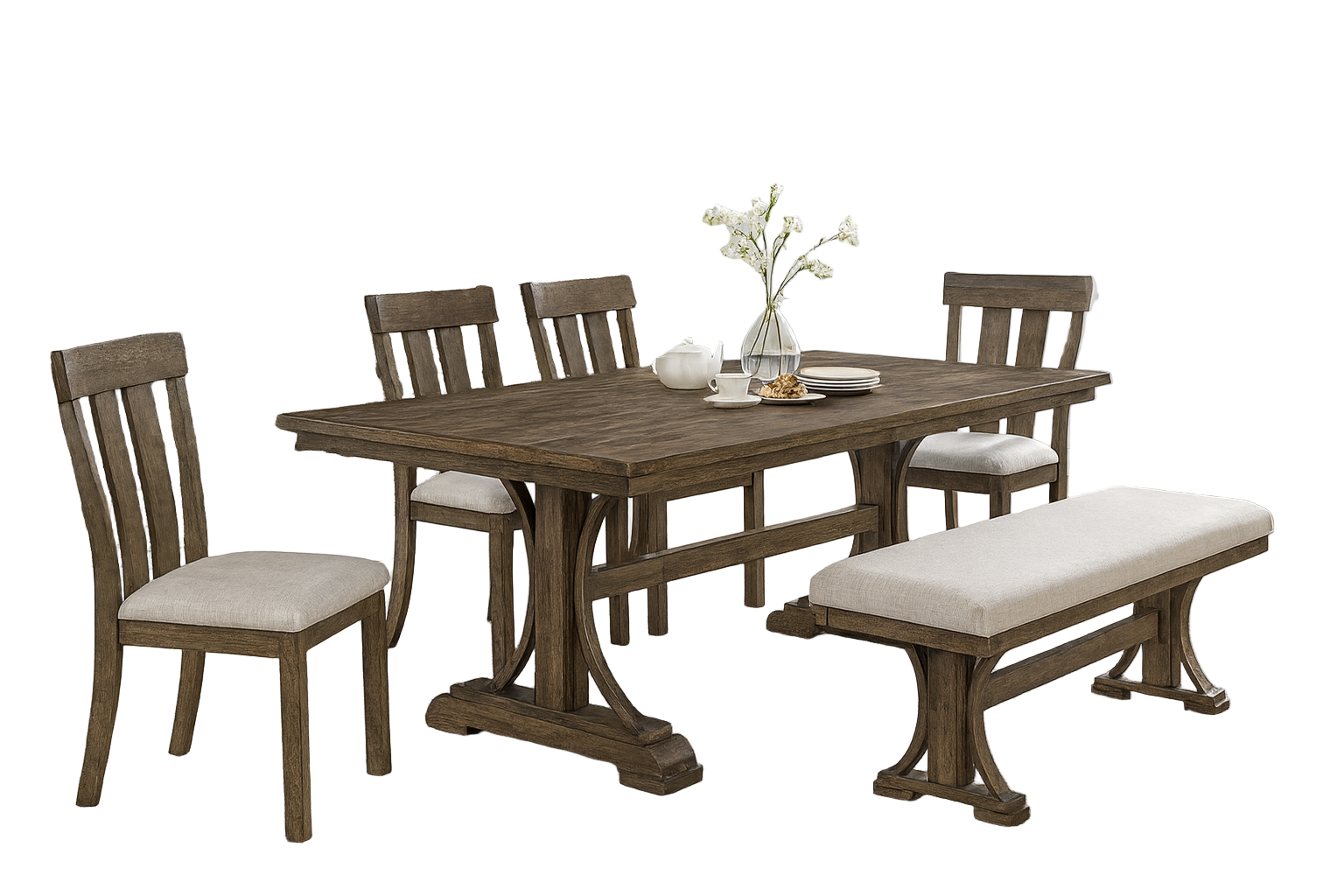 Dining room set with wooden table, chairs, and bench against a stone wall.