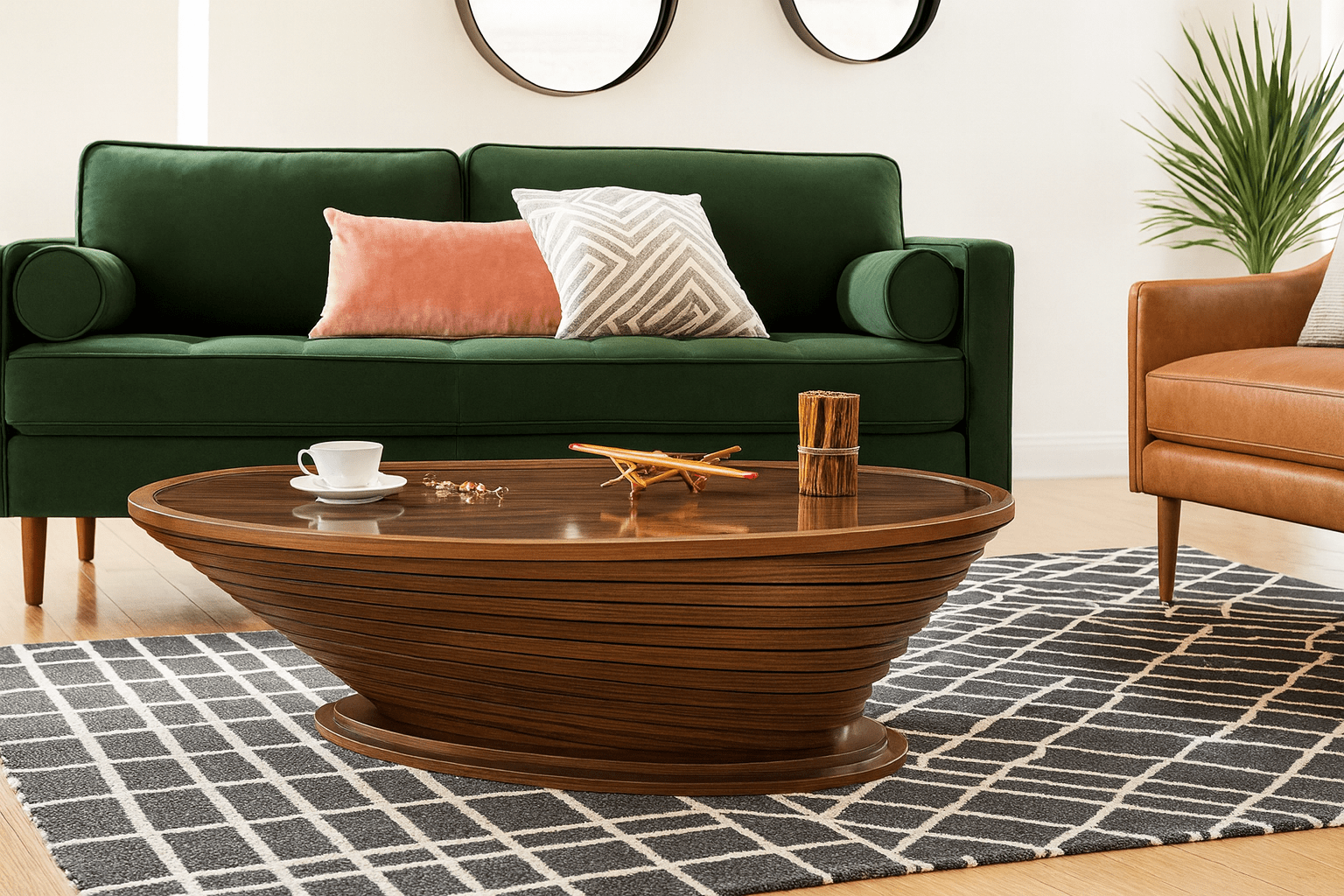Living room with green sofa, wooden coffee table, and patterned rug.