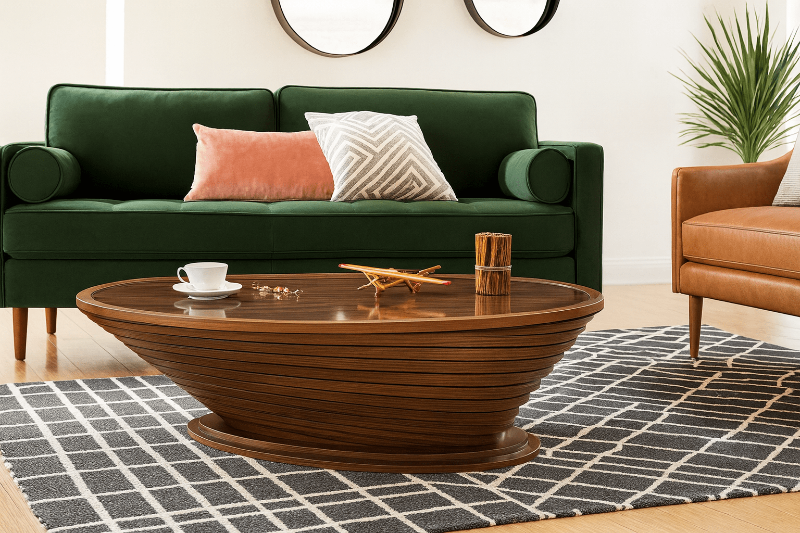 Living room with green sofa, wooden coffee table, and patterned rug.