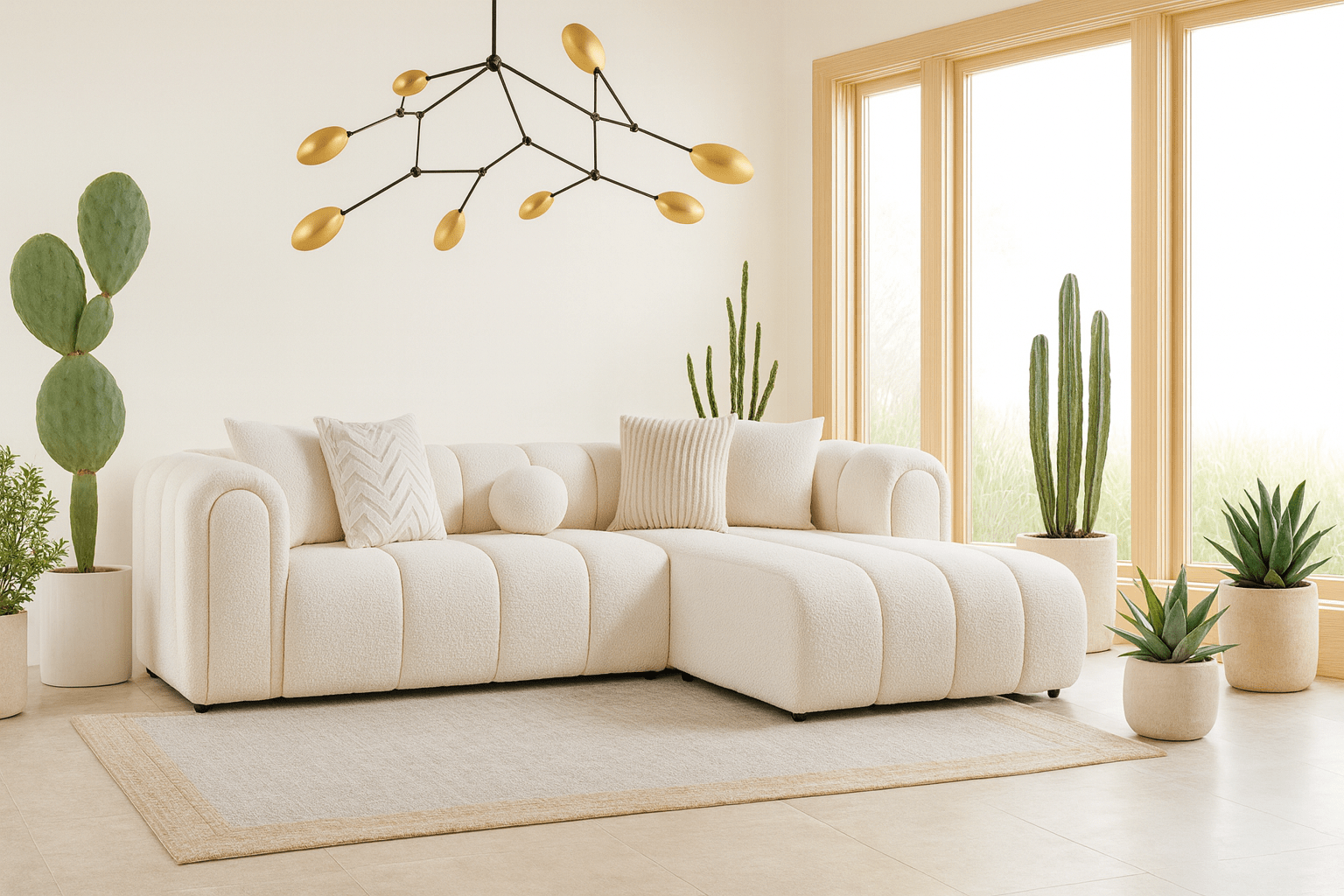 Modern living room with a white sofa, potted plants, and a chandelier.