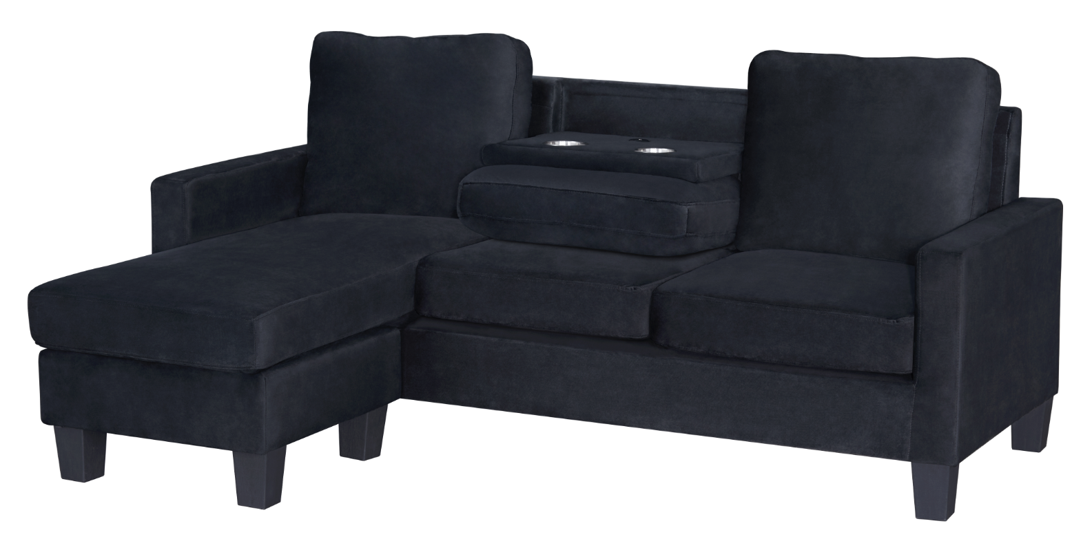 Black sectional sofa with chaise on a white background