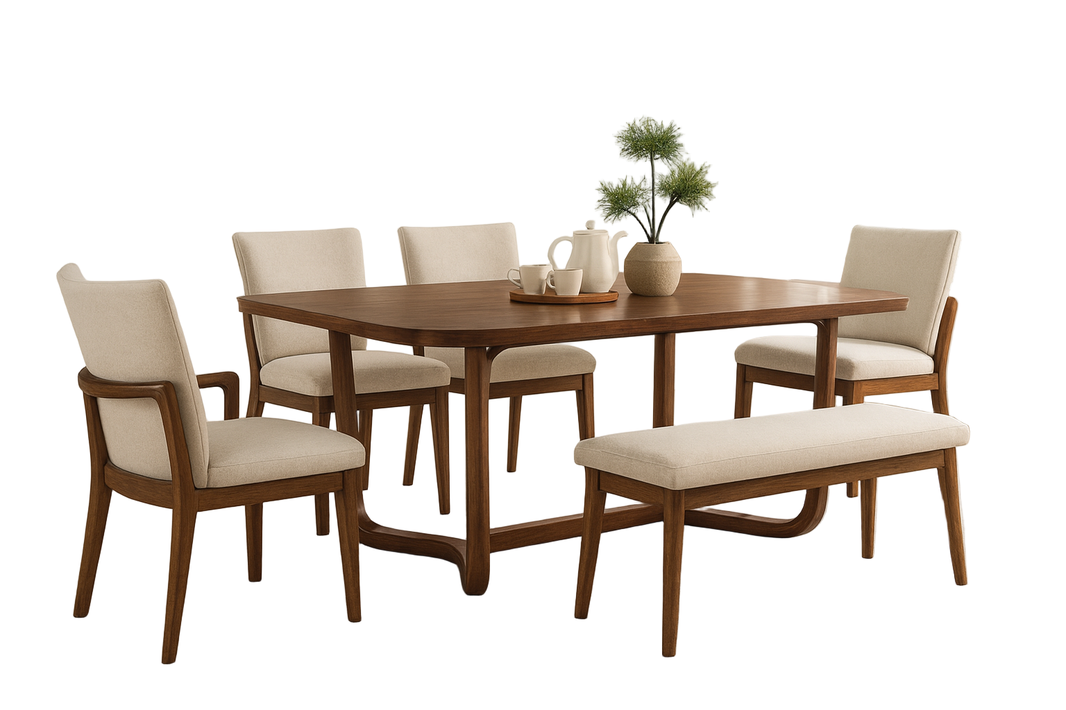 Dining room with wooden table and chairs in a well-lit room.