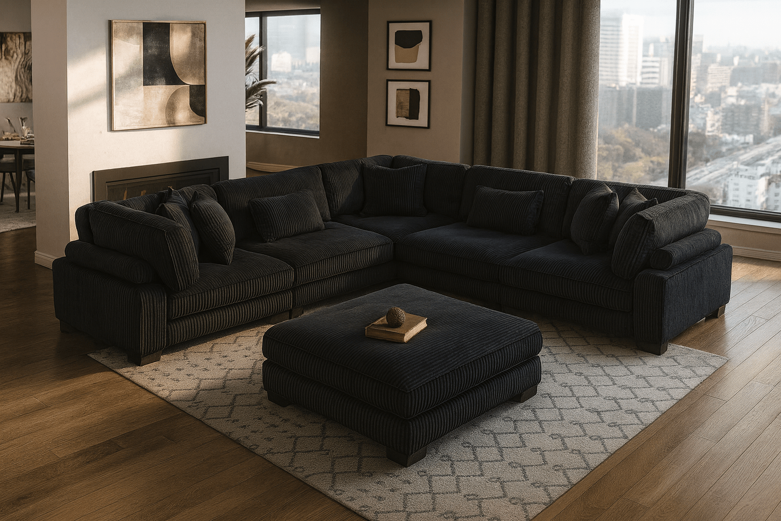 Travers 6-Piece Corduroy Modular Sectional Couch – Oversized 135 Inches Cream Fabric L-Shaped Sofa w/ Armless Chair Sectional Berch Furniture