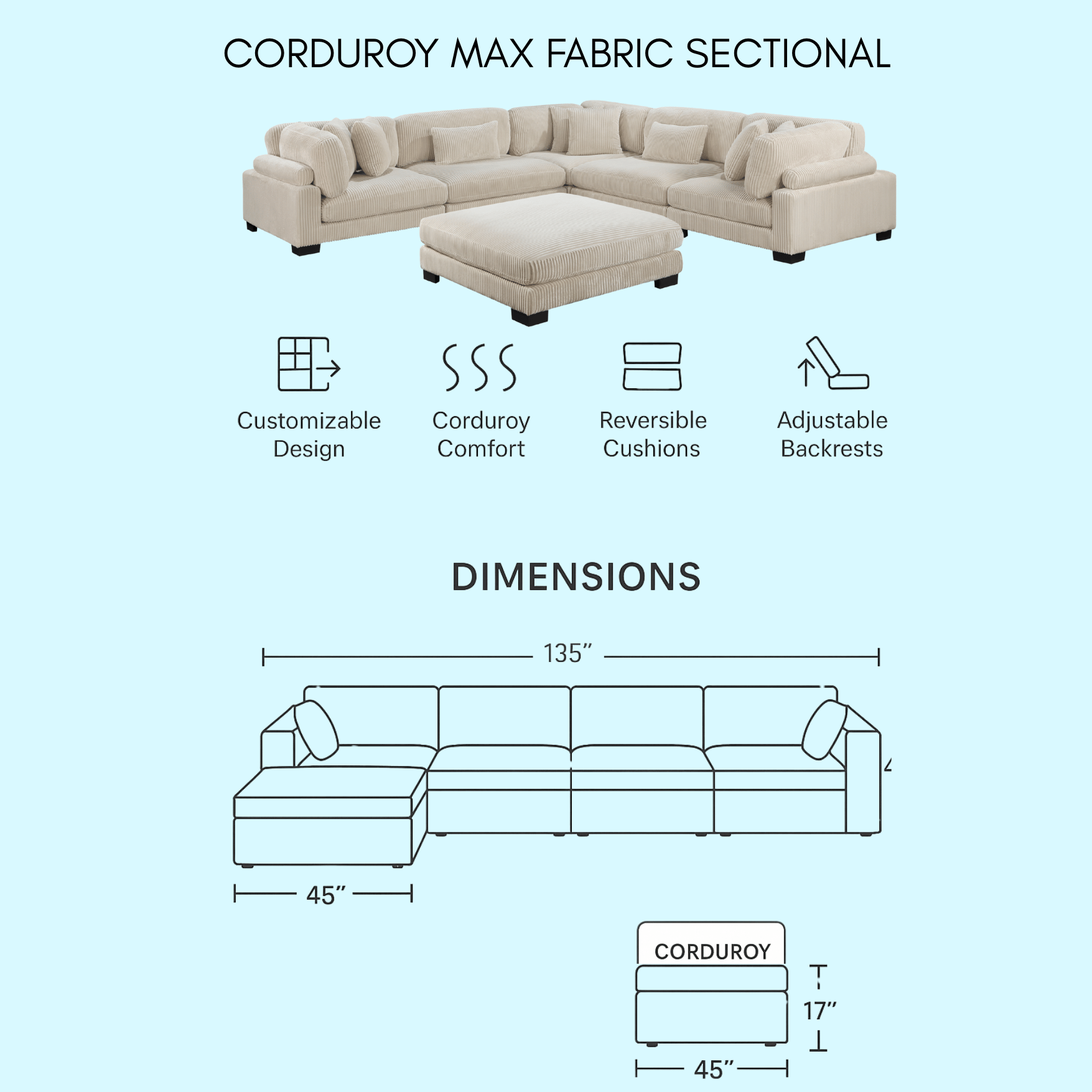 Travers 6-Piece Corduroy Modular Sectional Couch – Oversized 135 Inches Cream Fabric L-Shaped Sofa w/ Armless Chair Sectional Berch Furniture