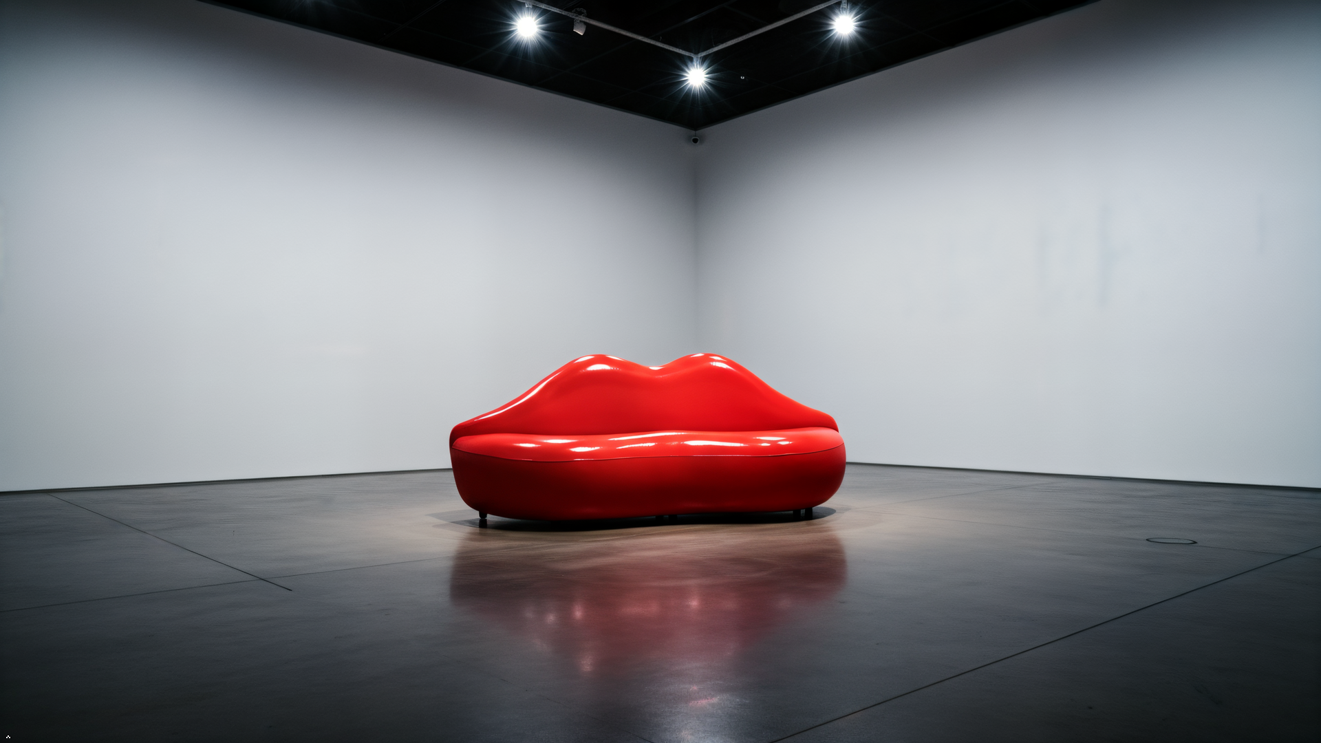 Glossy red lip sofa showcased in a modern art gallery under bright ceiling spotlights.m.