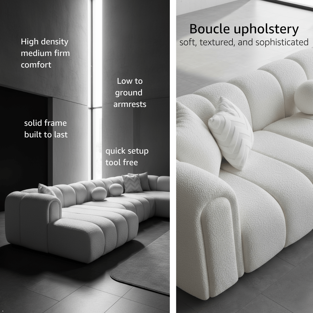 News Blog Post Image - Infographic showcasing Liz Sectional key features including boucle upholstery firmness ease of assembly low profile and solid frame