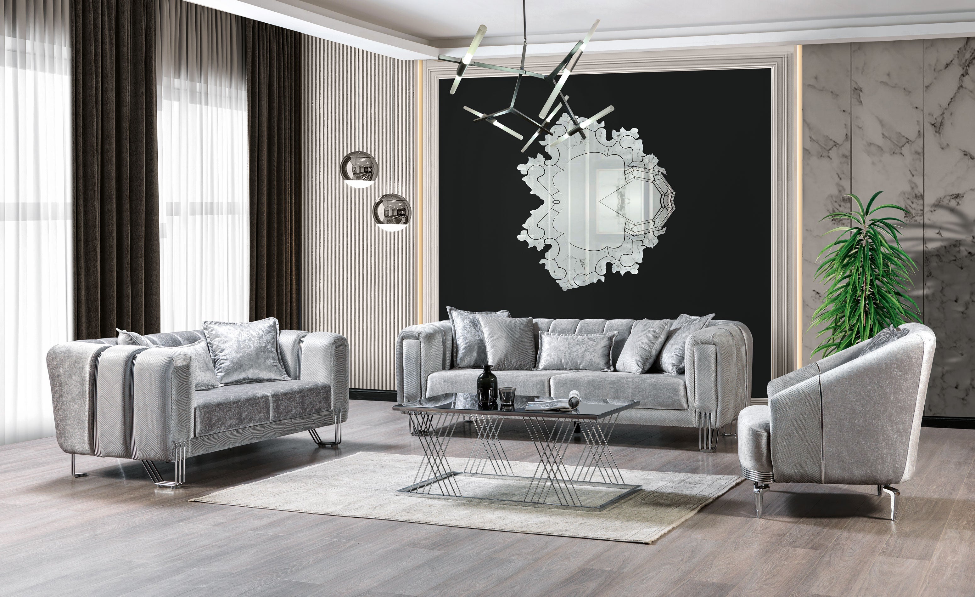 Living Room Set Furniture in Gray Velvet Modern Living Room 