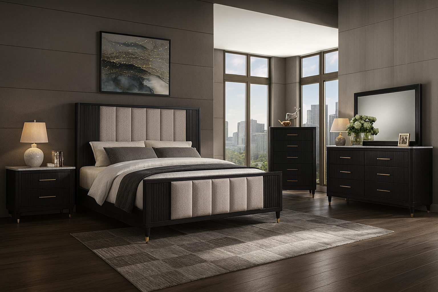 Modern bedroom with dark wood furniture, bed, nightstands, and dresser.