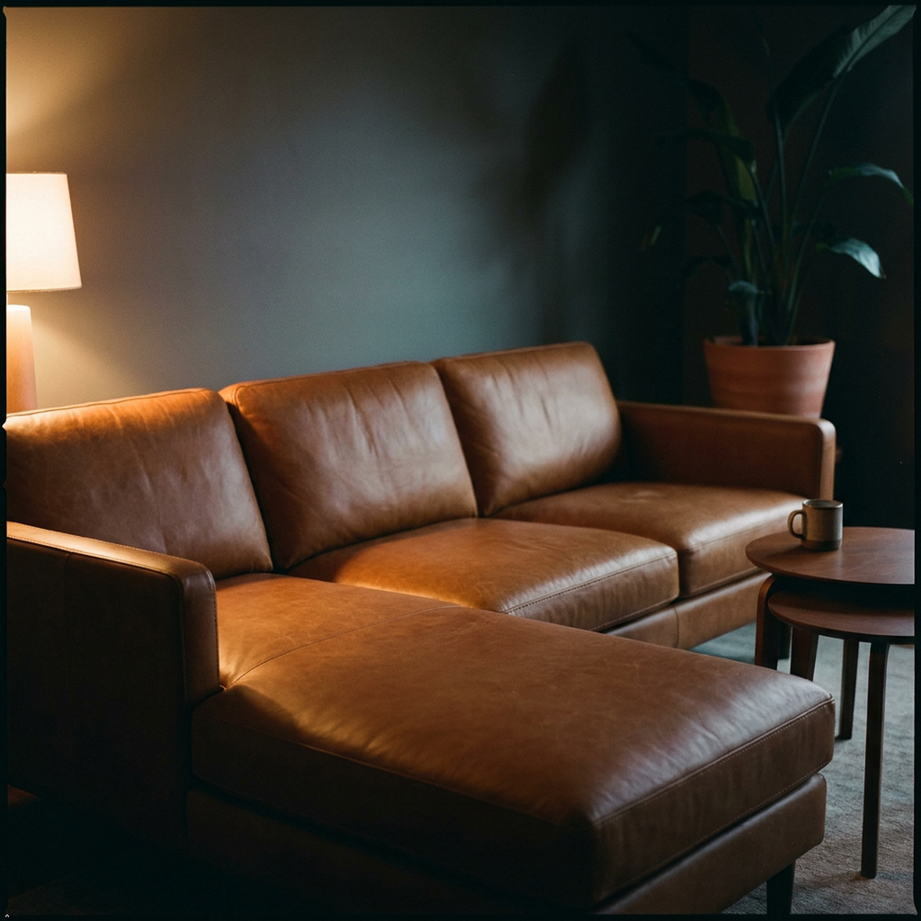 A warm brown leather sectional sofa with a chaise lounge in a dimly lit, cozy living room setting with a lit table lamp, a potted plant, and a small wooden side table.