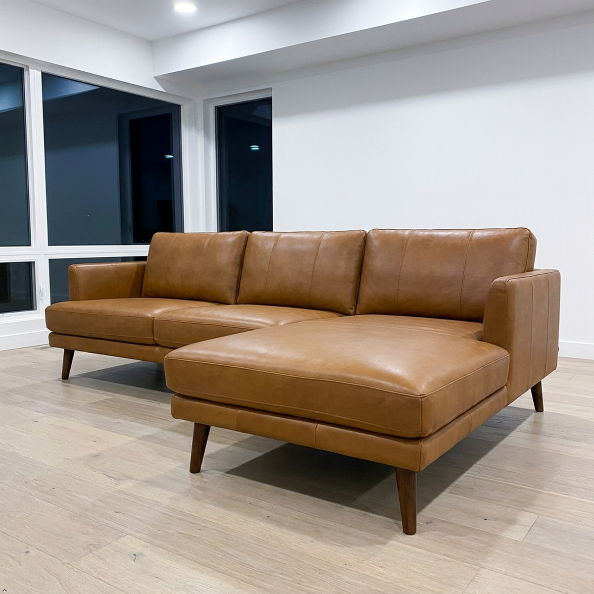 A mid-century modern sectional sofa in tan leather with tapered wooden legs, positioned in a minimalist room with light wood floors and white walls.