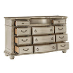 Vintage-style dresser with multiple drawers on a white background