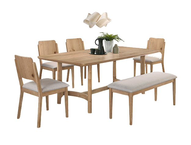 Wooden dining set with table, chairs, and bench in a modern room.