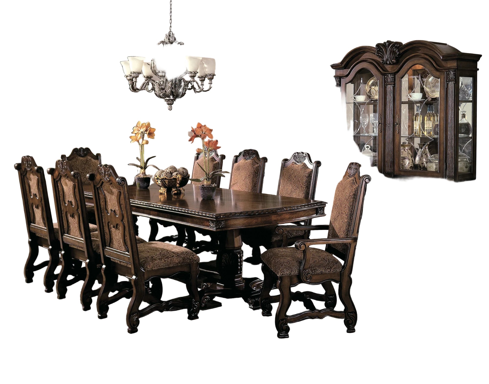 Dining room with wooden table and chairs, large china cabinet, and decorative elements.