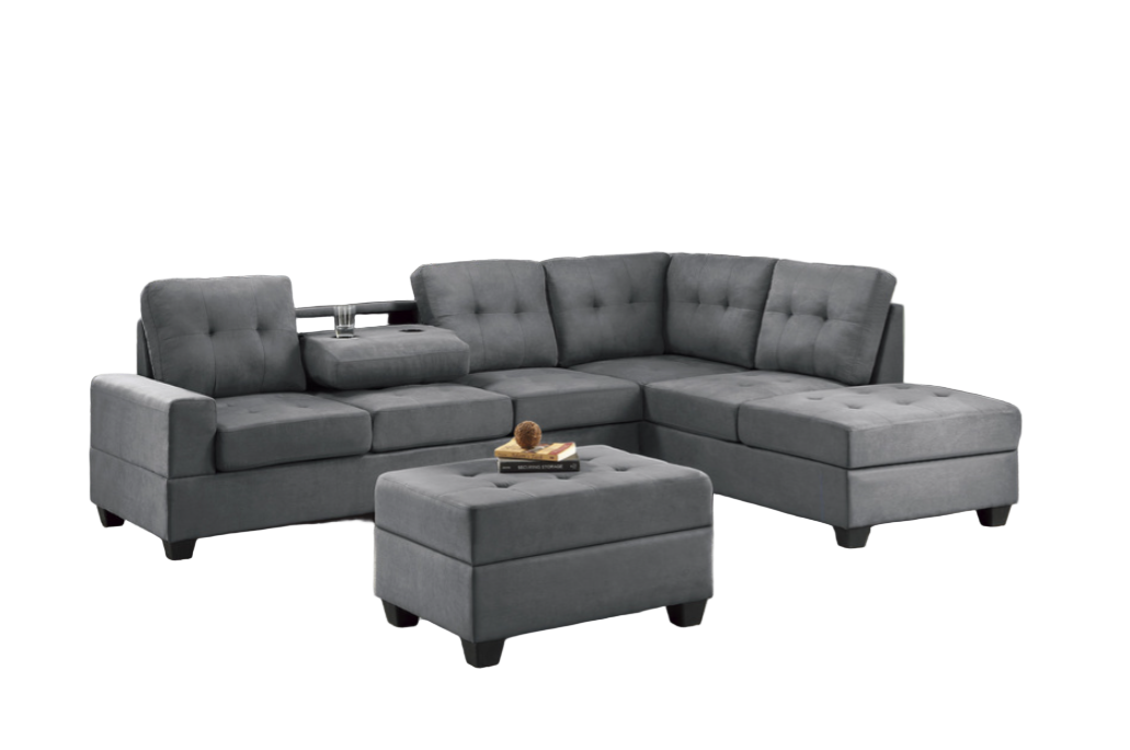 Gray sectional sofa with ottoman in a living room setting