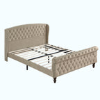 A single bed frame with a tufted headboard and footboard in a light beige fabric, shown on a plain white background.