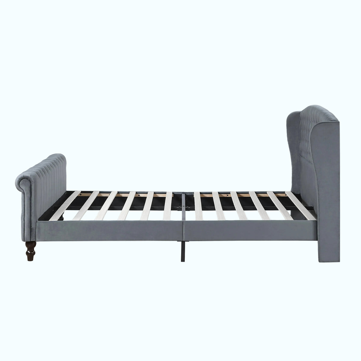 A gray upholstered bed frame with a tall wingback headboard and matching footboard, shown on a plain white background.