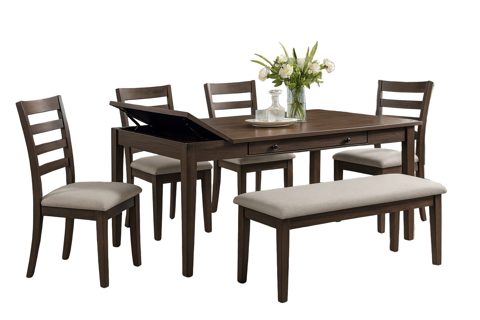 Dining room set with wooden table, chairs, and bench in a room with framed pictures on the wall.