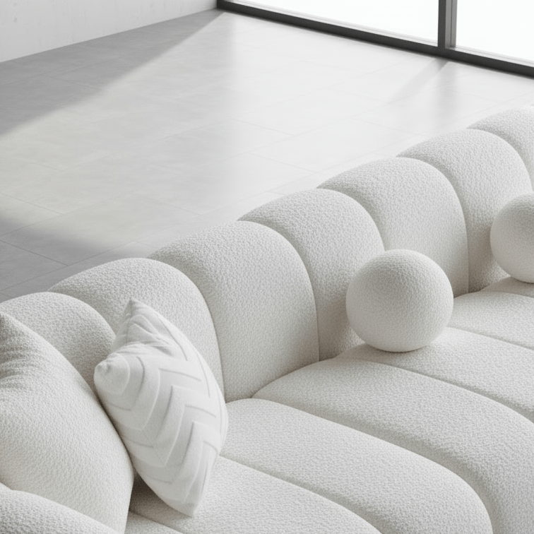 White textured sofa with decorative pillows on a light gray floor.