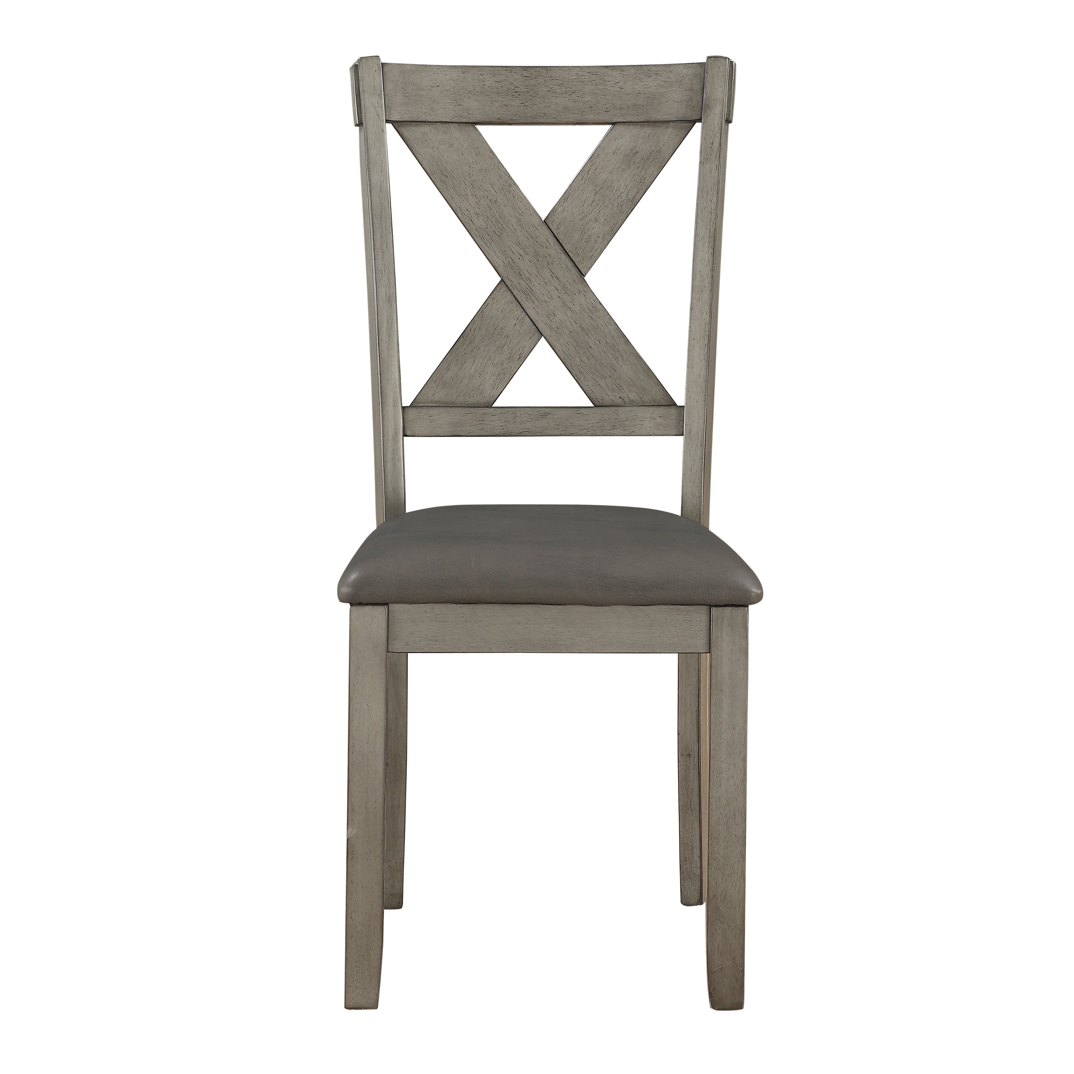 Gray wooden chair with a cushioned seat on a white background