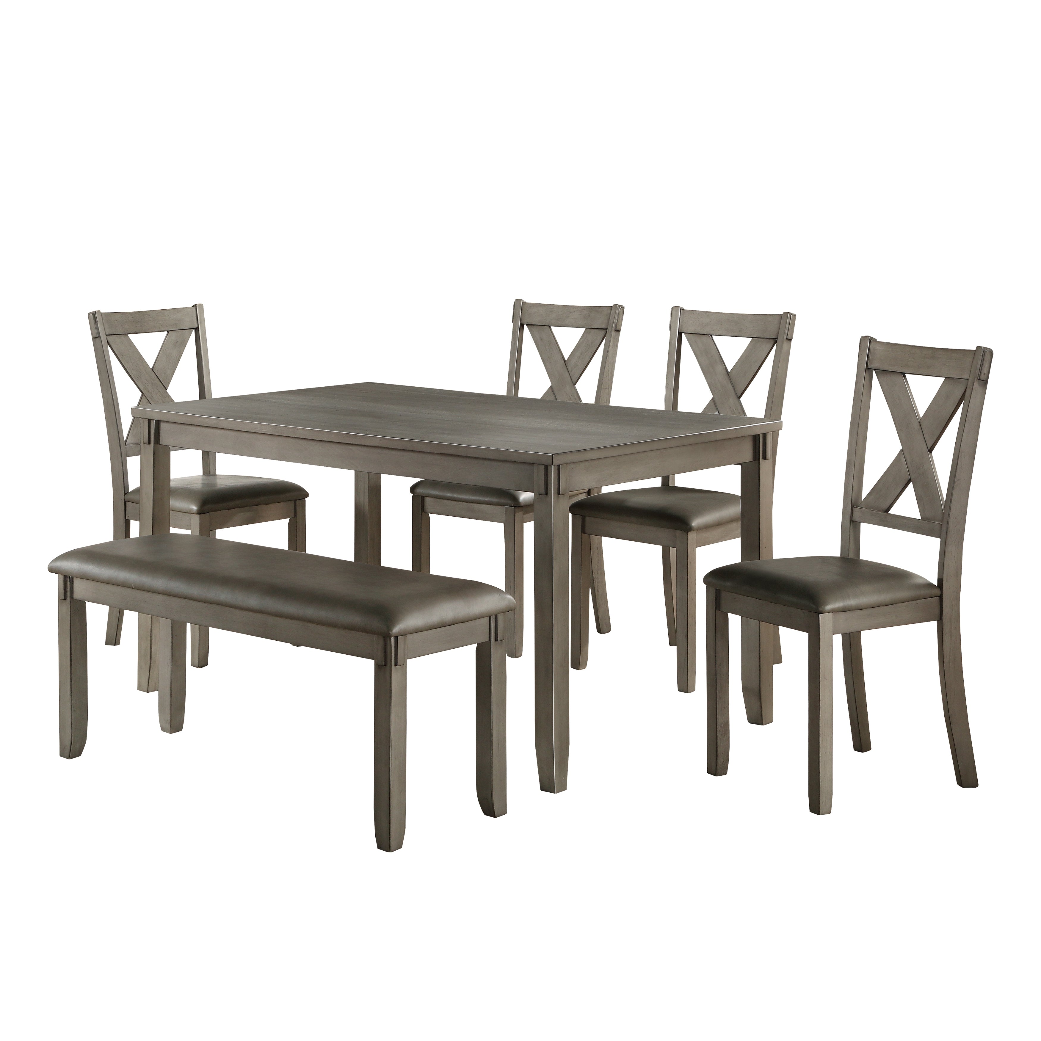 Dining set with table and four chairs a bench on a white background