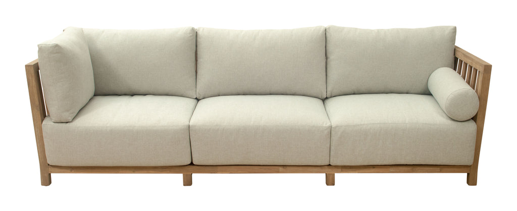 Beige sofa with wooden frame on a white background