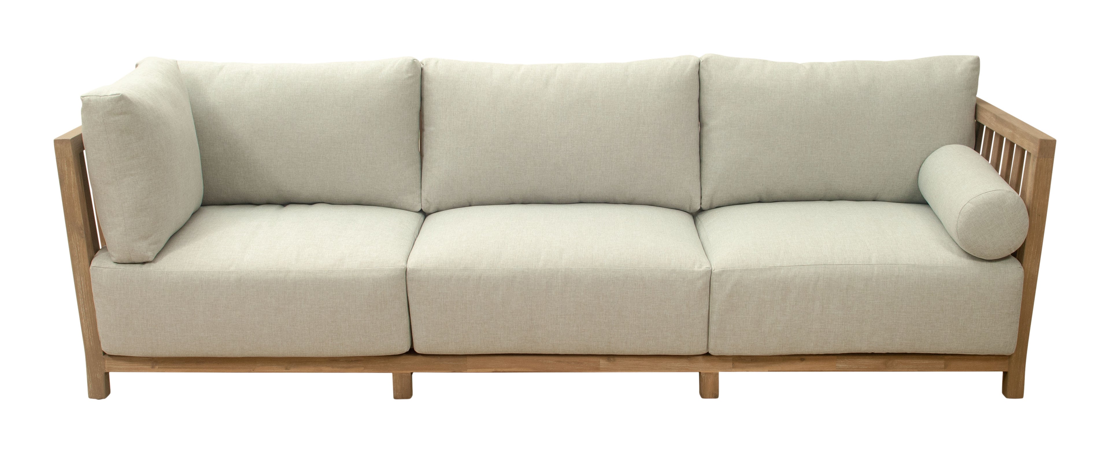 Beige sofa with wooden frame on a white background