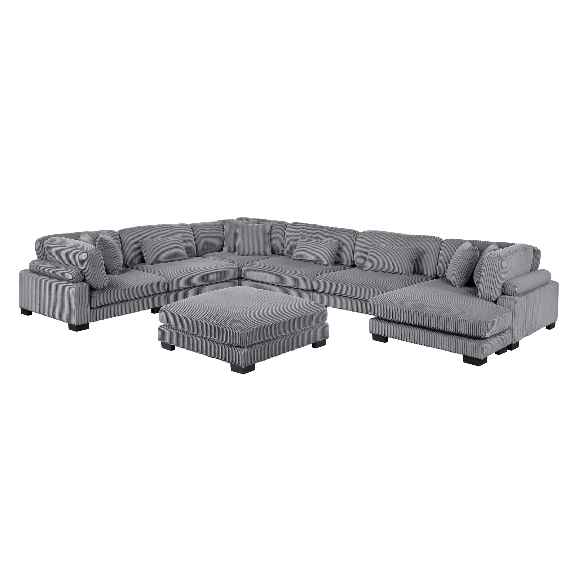 Gray sectional sofa with ottoman on a white background