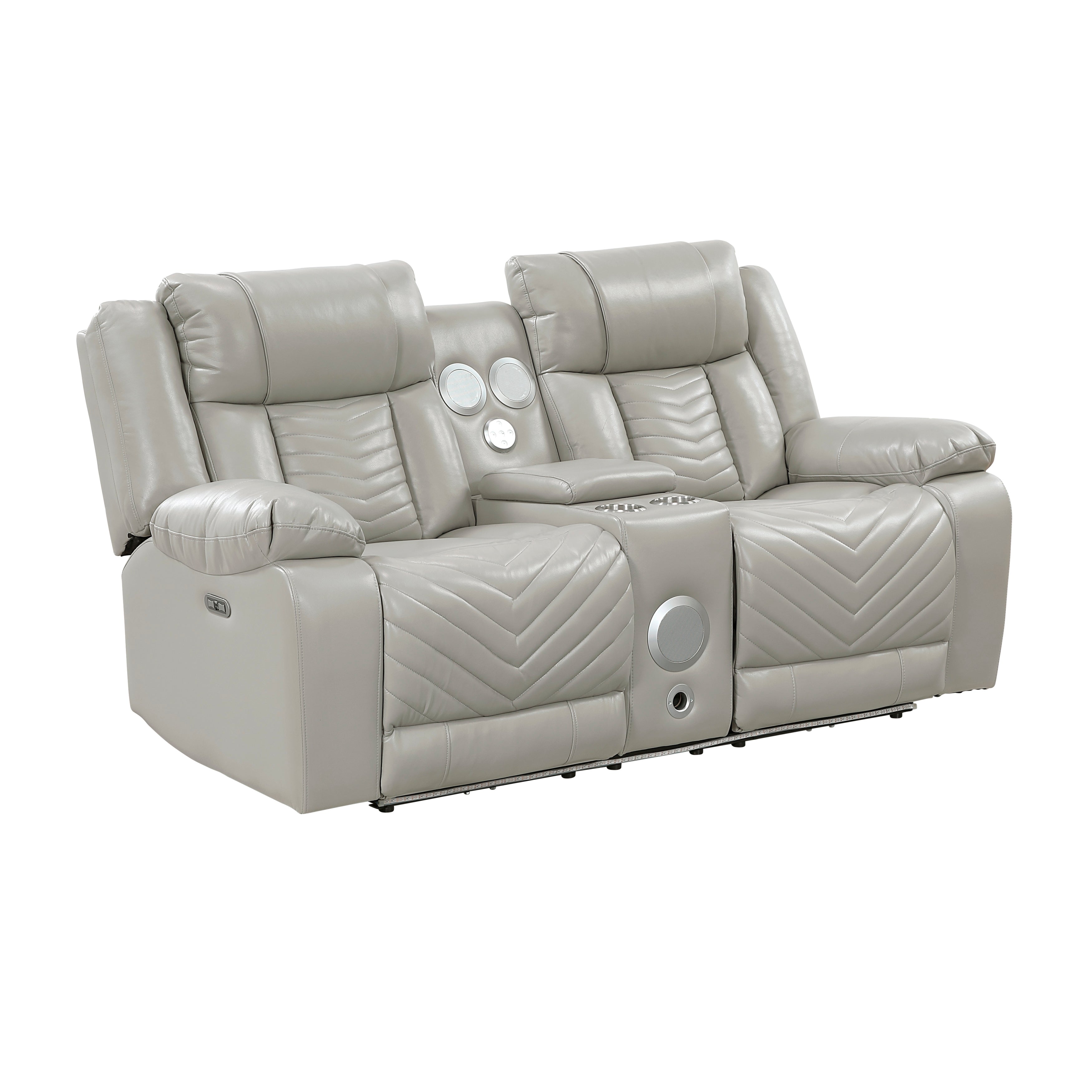 Gray recliner sofa with power functions on a white background