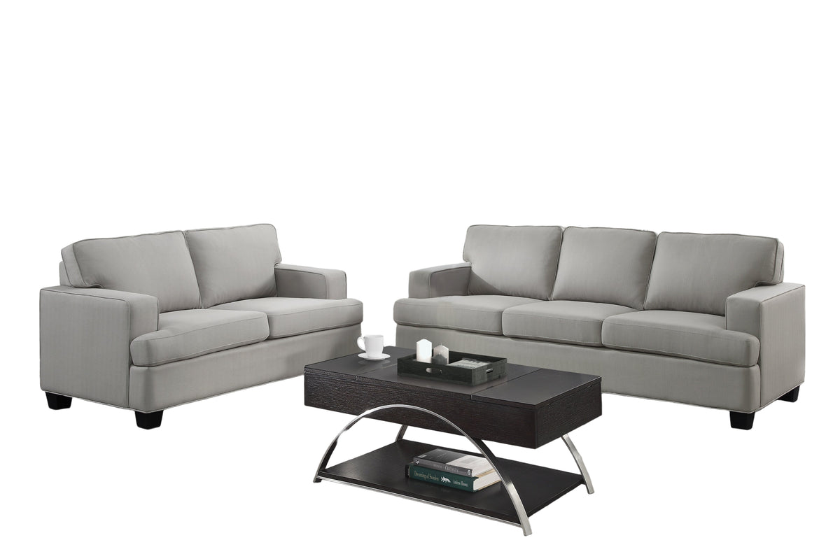 Gray sofa set in a living room with cityscape view