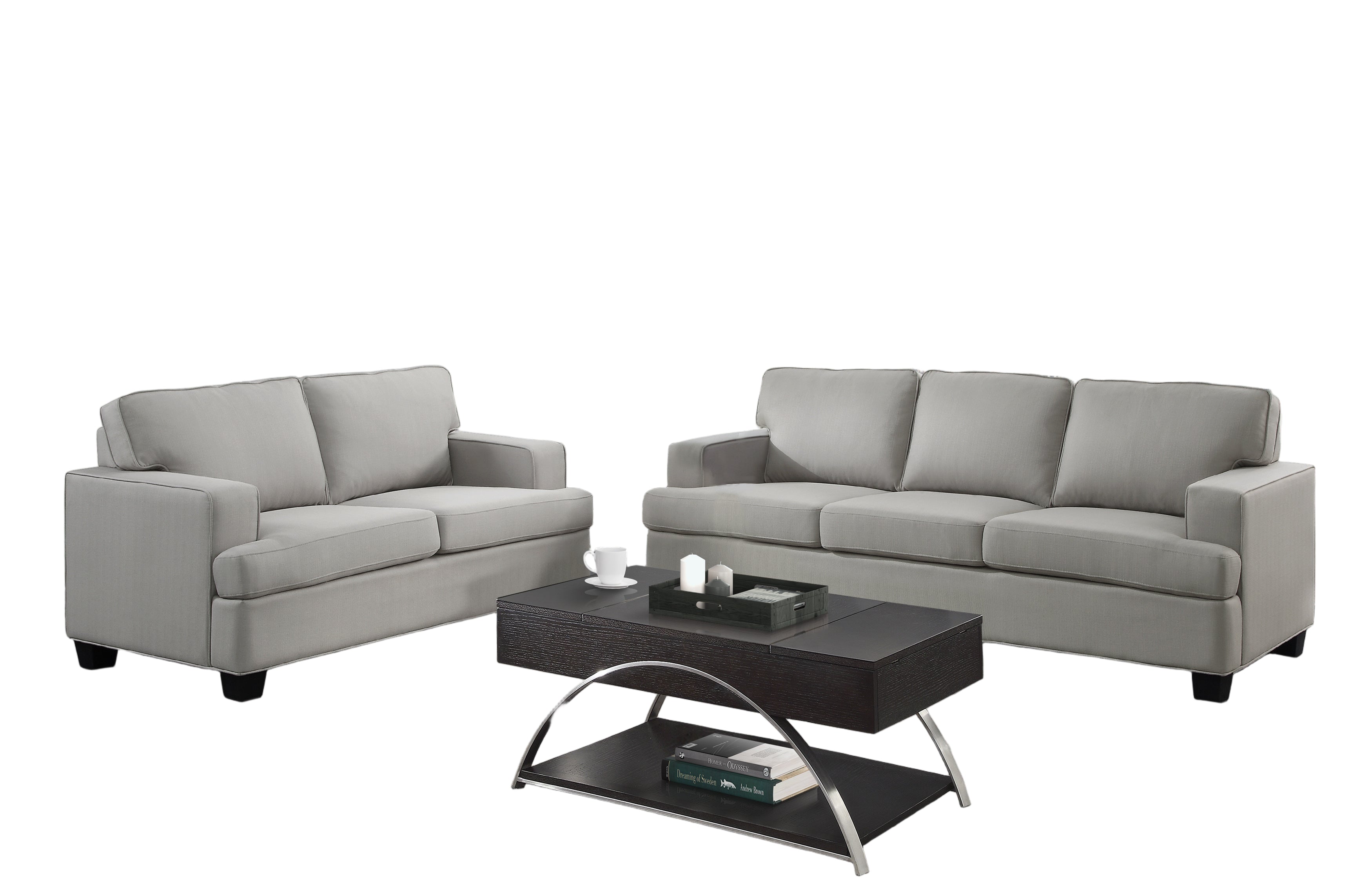 Gray sofa set in a living room with cityscape view