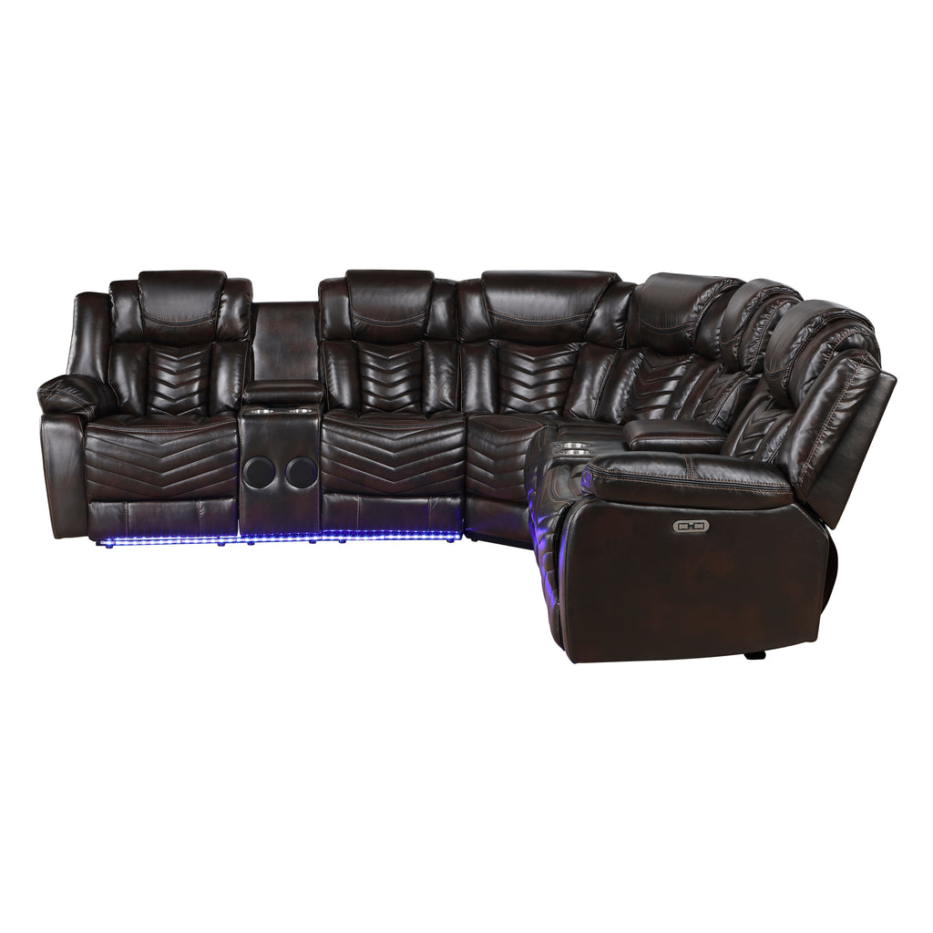 Black leather sectional sofa with power reclining seats on a white background
