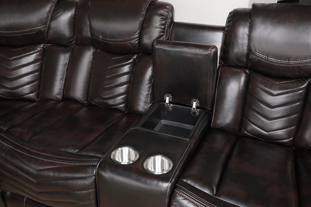 Brown leather recliner with cup holders and armrests