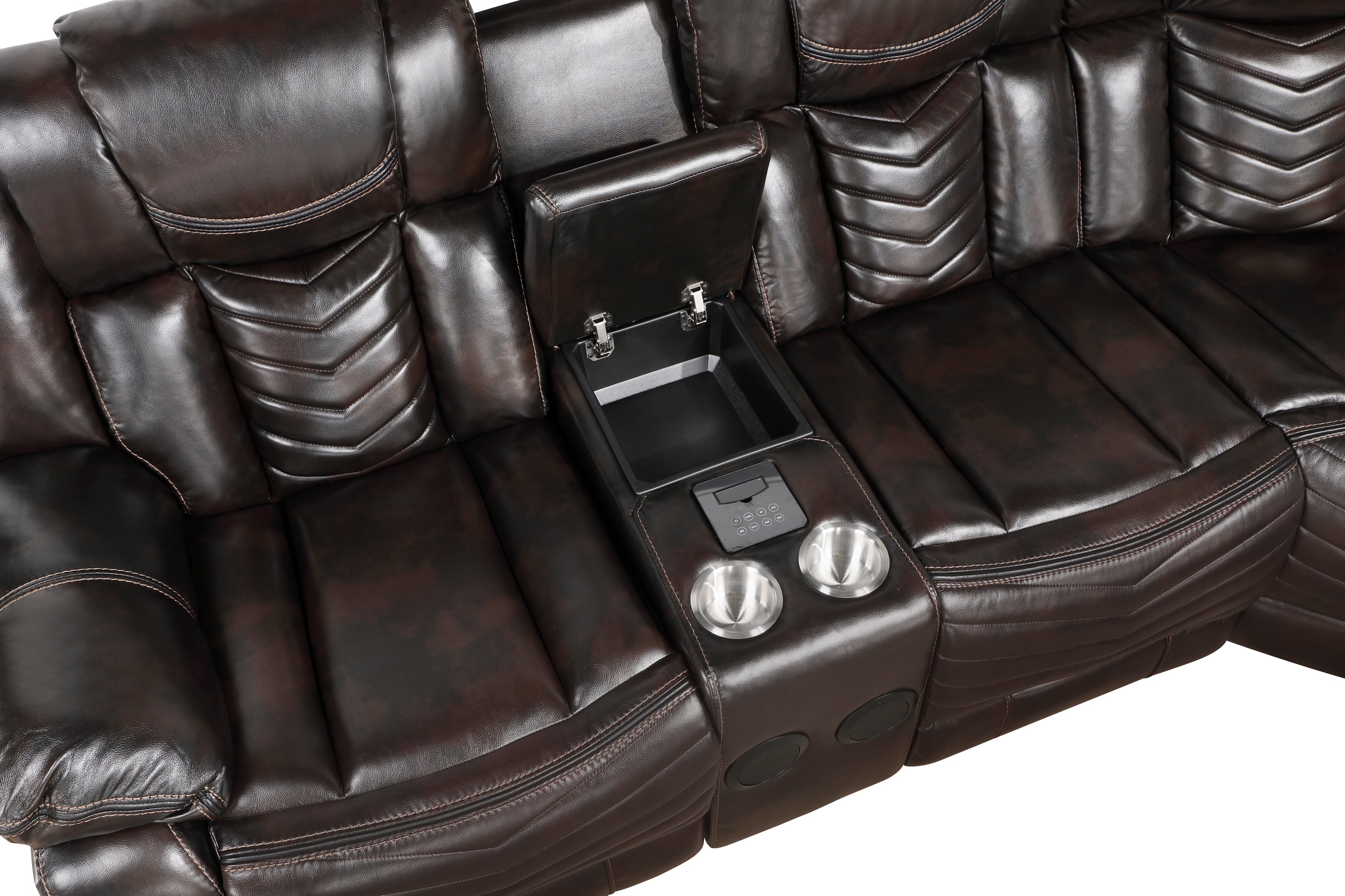 Brown leather recliner with cup holders and armrest storage.