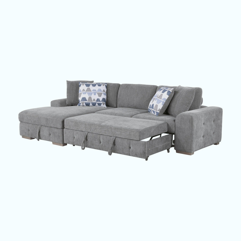 Gray sectional sofa with pull-out bed on a white background