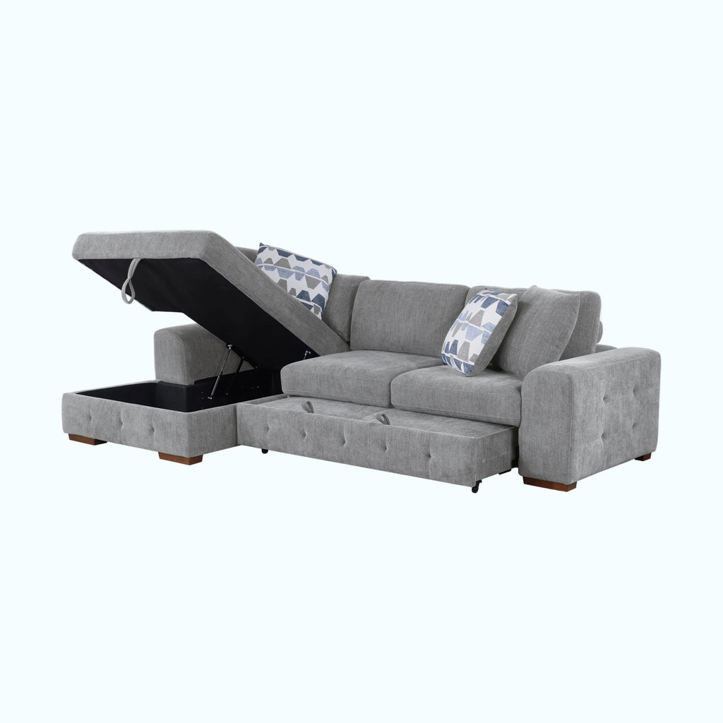 Gray sectional sofa with storage tray on a white background