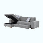 Gray sectional sofa with storage tray on a white background