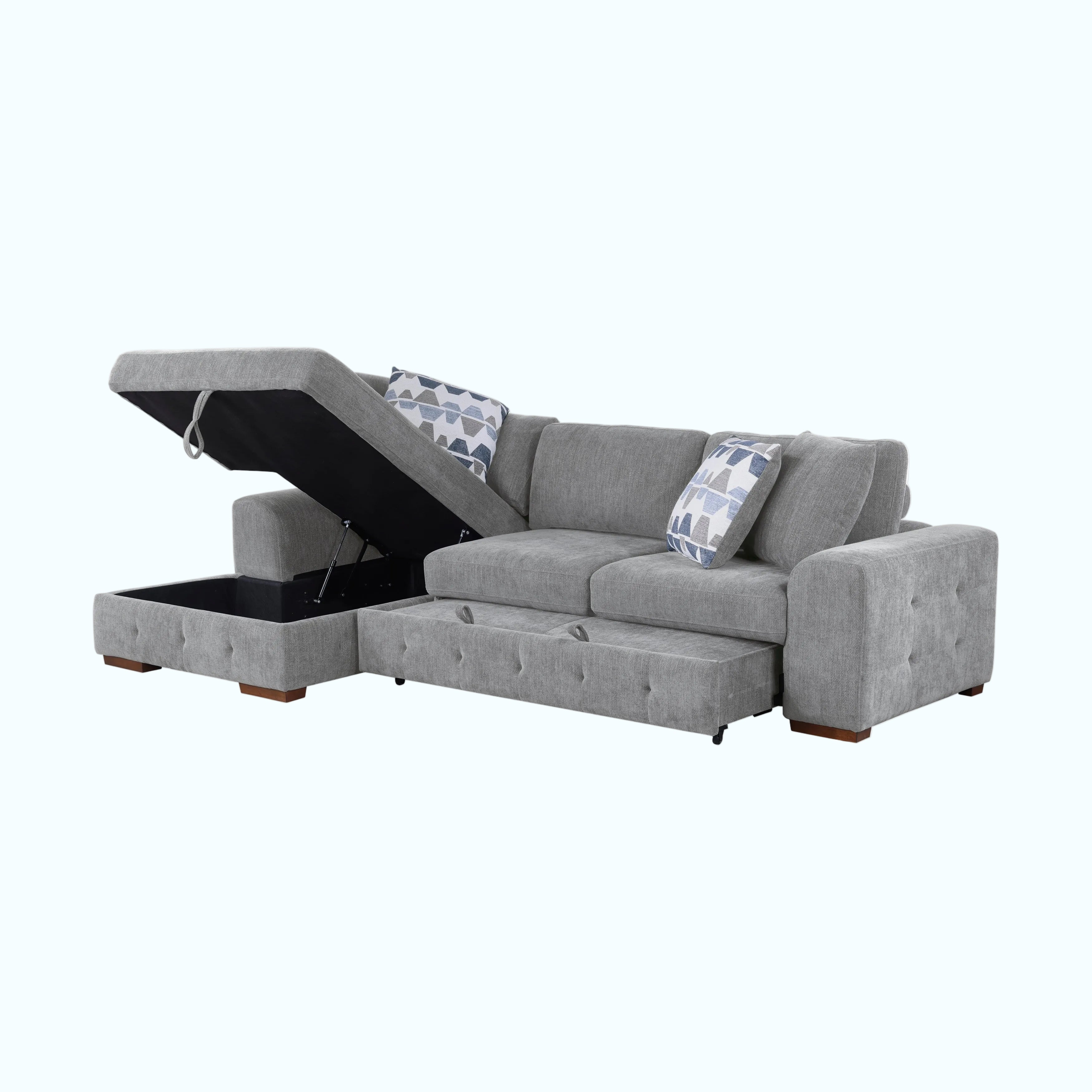 Gray sectional sofa with storage tray on a white background