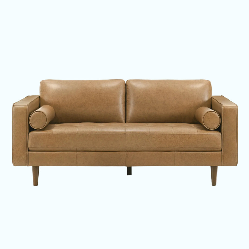 A two-seater loveseat sofa upholstered in tan leather, featuring cylindrical armrests and tapered wooden legs, shown against a plain white background.
