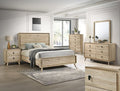 Wooden bedroom furniture set including bed, nightstands, and dresser in a room with large windows.