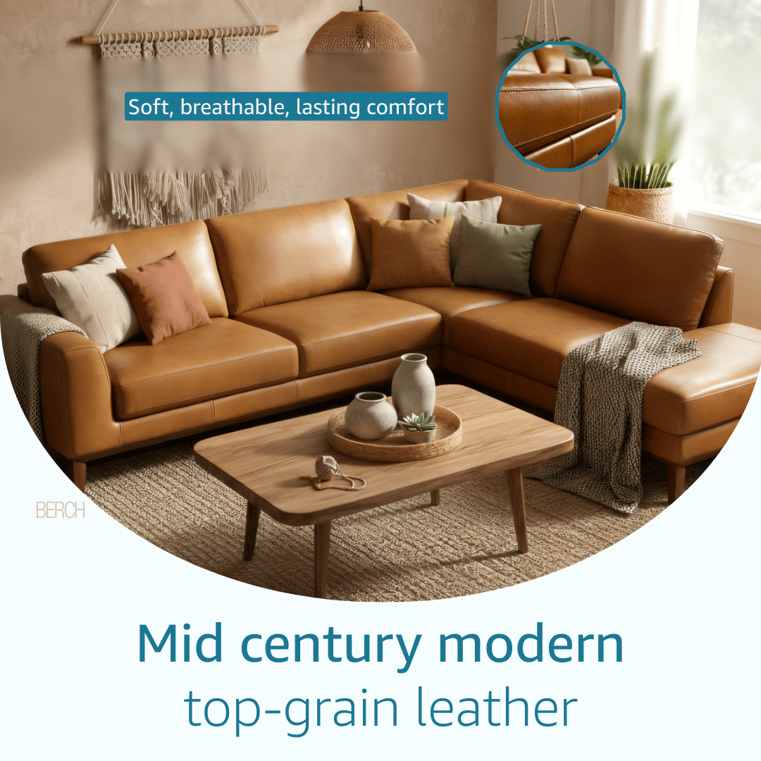 Brown leather sectional sofa with cushions in a living room setting, featuring text about comfort and material.