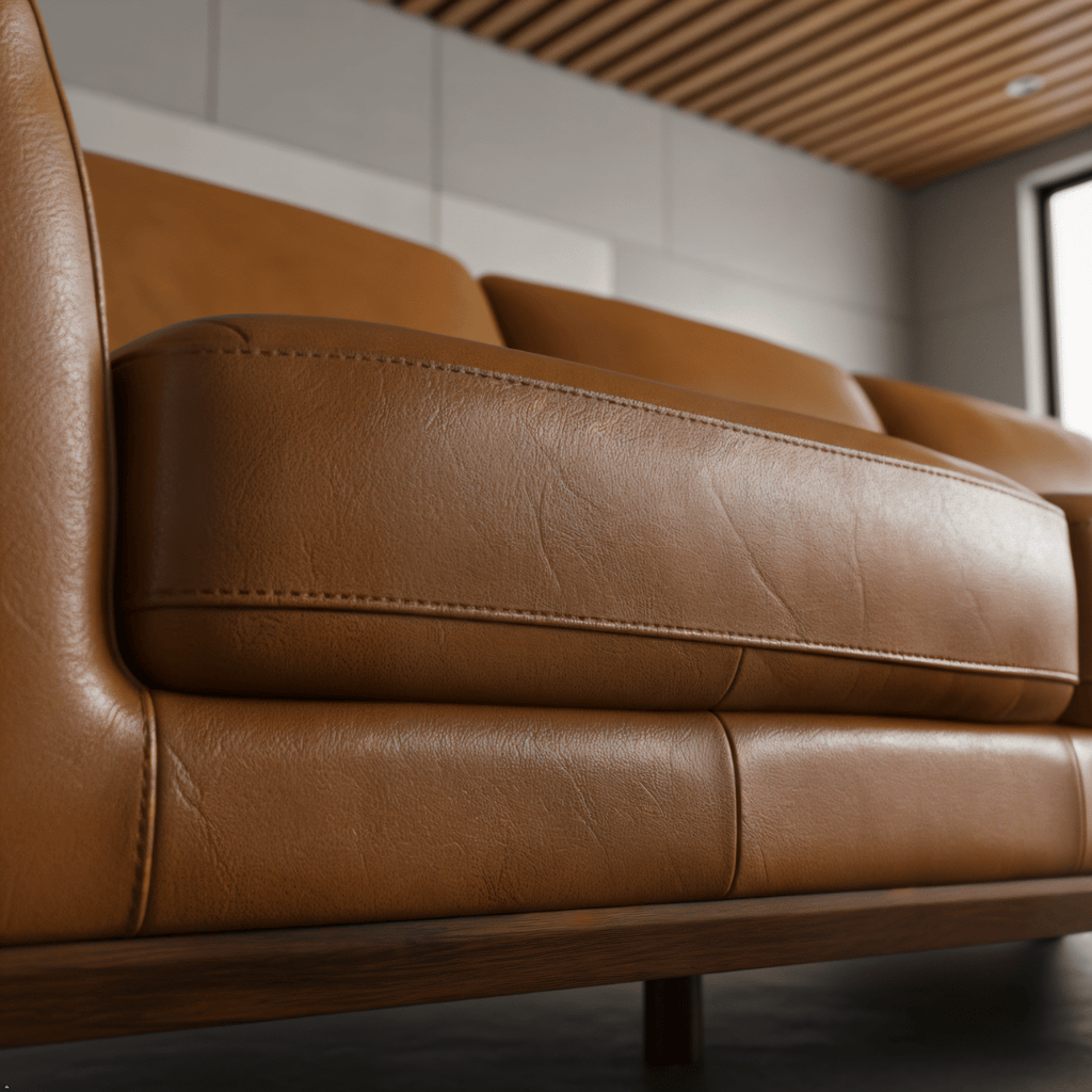 Brown leather sofa in a modern room with wooden base trim.