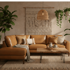 Brown leather sectional sofa in a living room with plants and a woven wall hanging.
