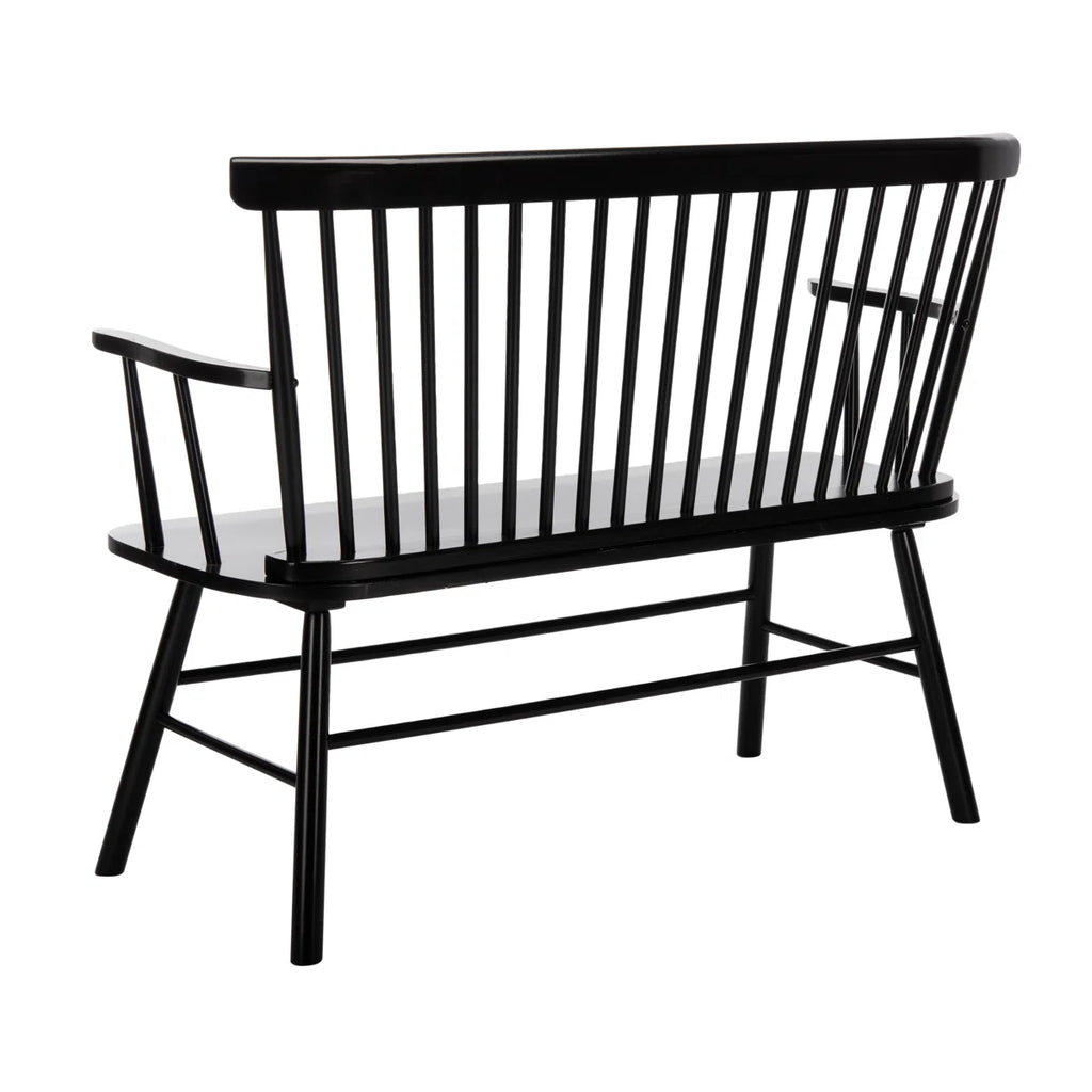 Black metal bench with slatted backrest on a white background