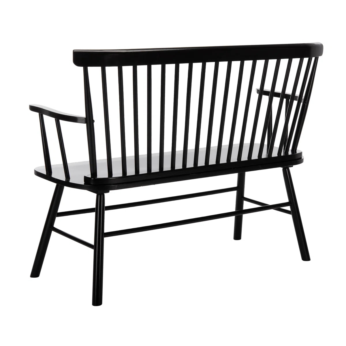 Black metal bench with slatted backrest on a white background