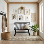 Nest living room with black bench, framed art, and decorative elements.