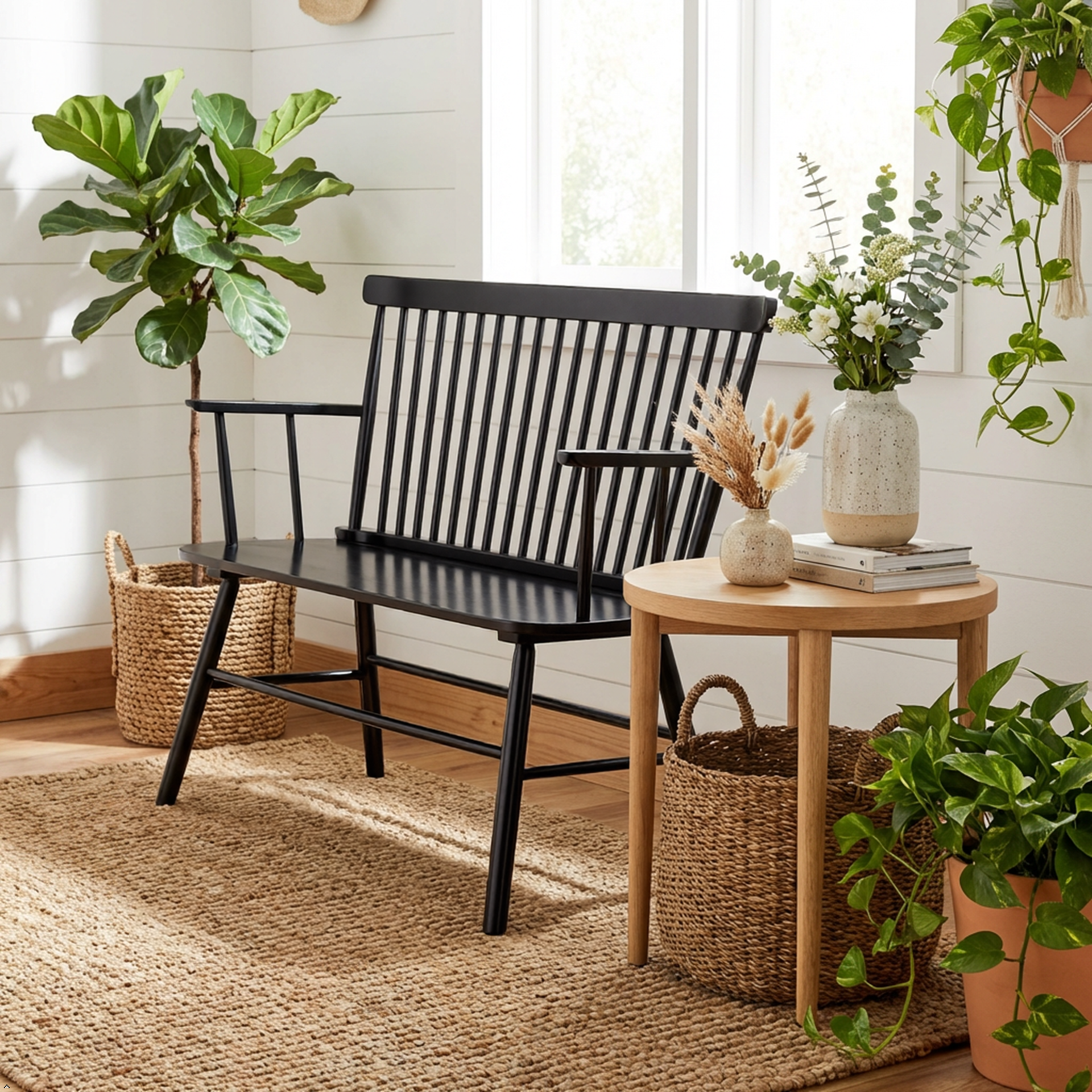 Black bench in a room with plants and a wooden table