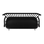 Black metal bench with cushion on a white background