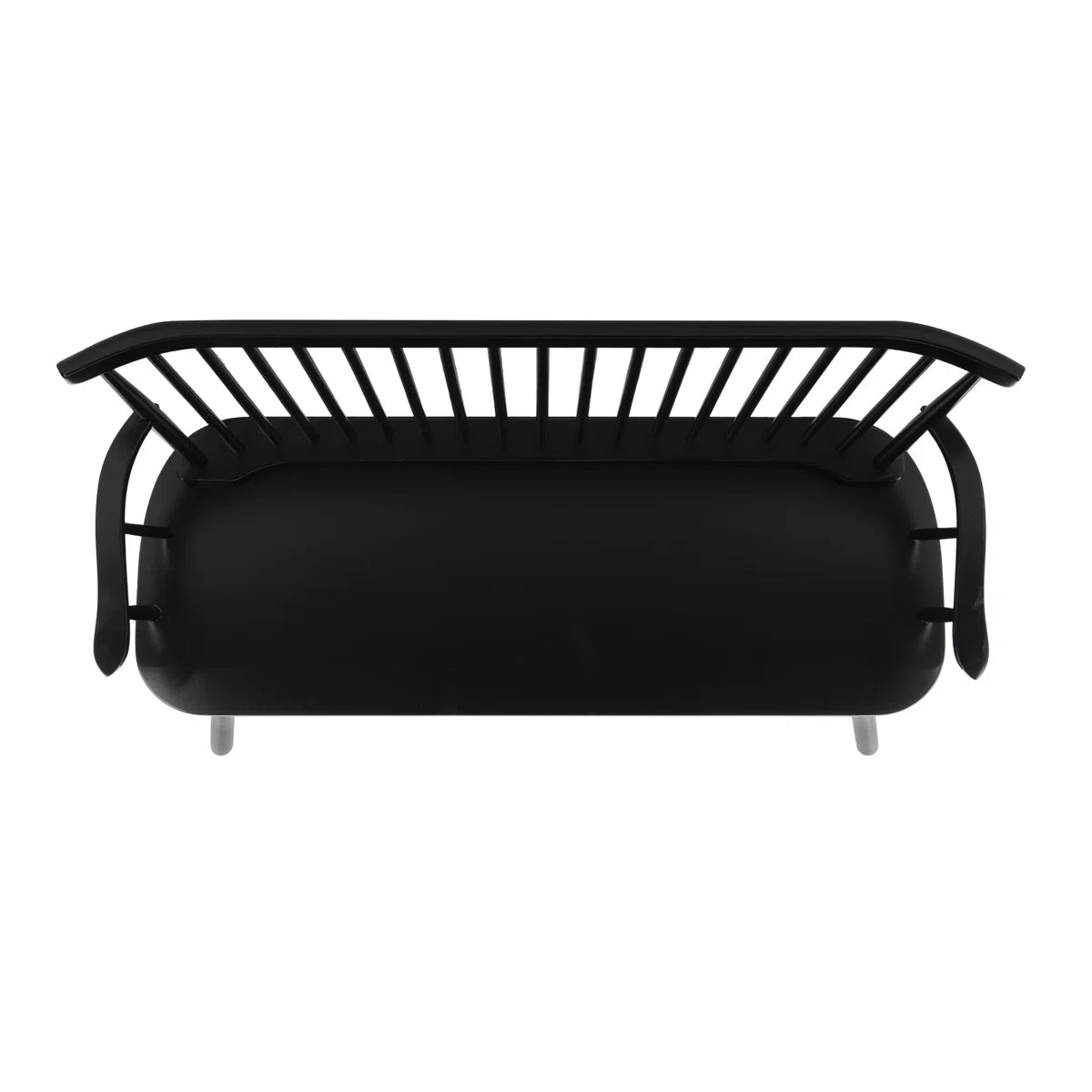 Black metal bench with cushion on a white background