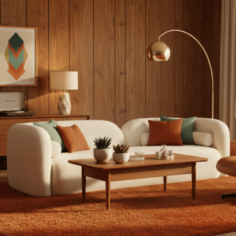 Modern living room with a white sofa, wooden coffee table, and decorative elements.