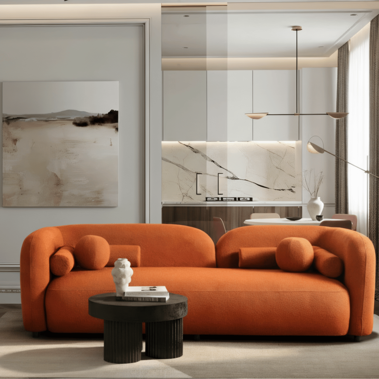 Modern living room with an orange sofa and decorative elements.